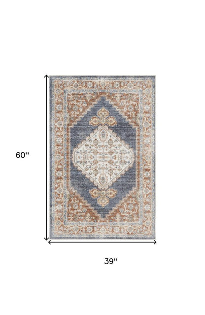 3' X 5' Denim Blue Oriental Power Loom Distressed Washable Area Rug
