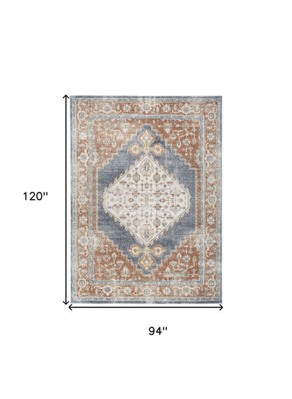 8' X 10' Denim Blue Oriental Power Loom Distressed Washable Area Rug