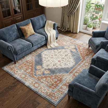 8' X 10' Denim Blue Oriental Power Loom Distressed Washable Area Rug