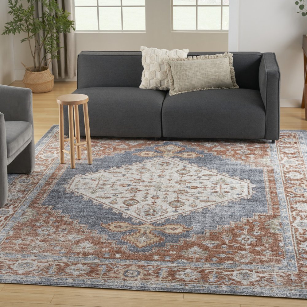 8' X 10' Denim Blue Oriental Power Loom Distressed Washable Area Rug