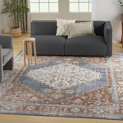 8' X 10' Denim Blue Oriental Power Loom Distressed Washable Area Rug