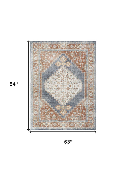 5' X 7' Denim Blue Oriental Power Loom Distressed Washable Area Rug