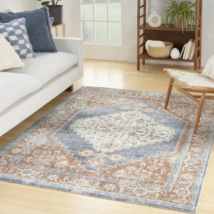 5' X 7' Denim Blue Oriental Power Loom Distressed Washable Area Rug