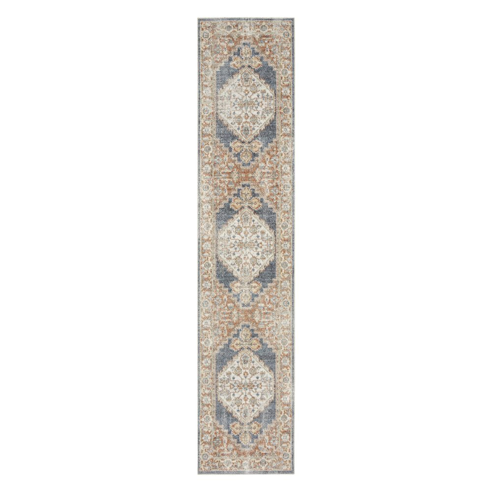 12' Denim Blue Oriental Power Loom Distressed Washable Runner Rug