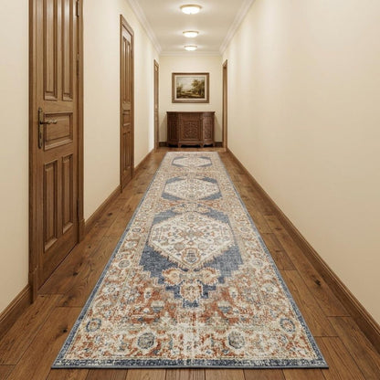 12' Denim Blue Oriental Power Loom Distressed Washable Runner Rug
