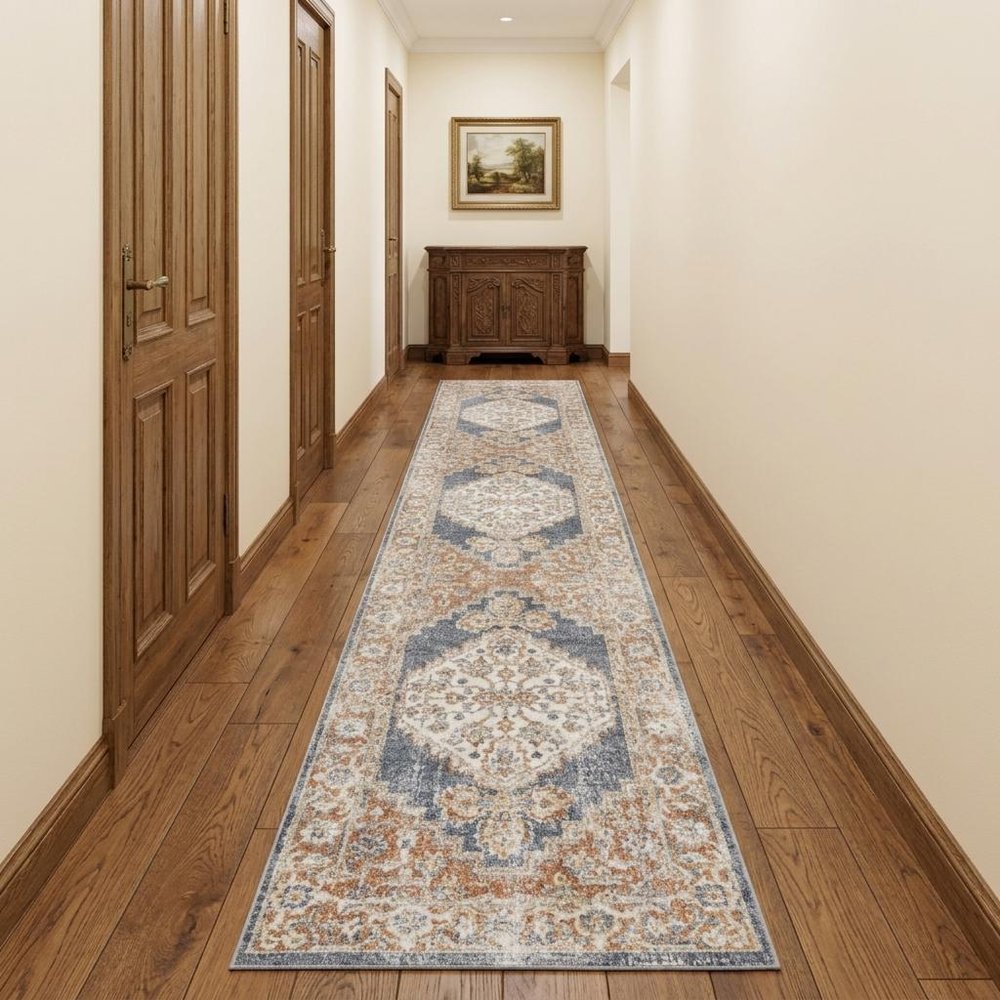 12' Denim Blue Oriental Power Loom Distressed Washable Runner Rug