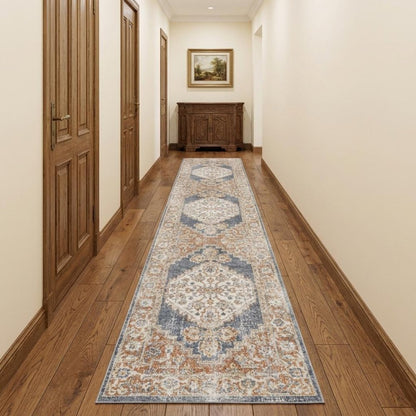 12' Denim Blue Oriental Power Loom Distressed Washable Runner Rug