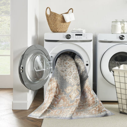 12' Denim Blue Oriental Power Loom Distressed Washable Runner Rug