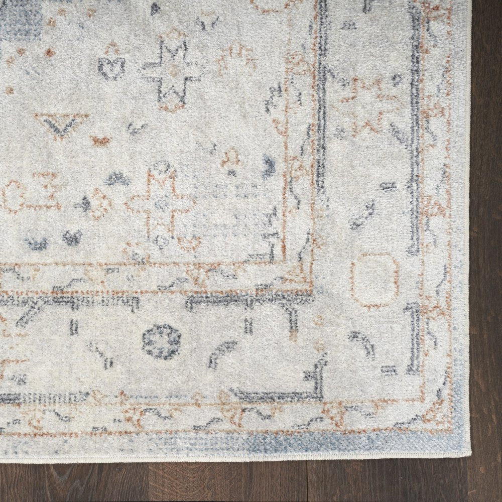 7' X 9' Light Blue Oriental Power Loom Distressed Washable Area Rug