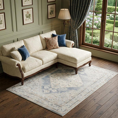 7' X 9' Light Blue Oriental Power Loom Distressed Washable Area Rug