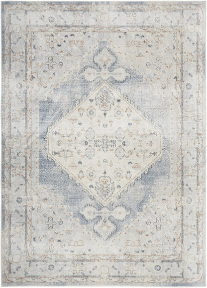 7' X 9' Light Blue Oriental Power Loom Distressed Washable Area Rug