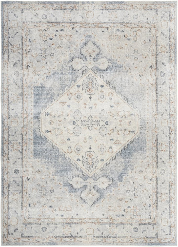 7' X 9' Light Blue Oriental Power Loom Distressed Washable Area Rug