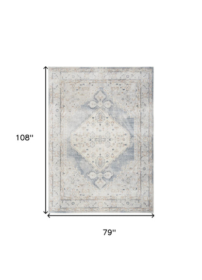 7' X 9' Light Blue Oriental Power Loom Distressed Washable Area Rug