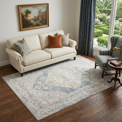 5' X 7' Light Blue Oriental Power Loom Distressed Washable Area Rug
