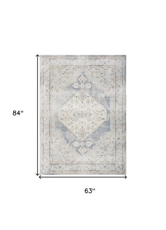 5' X 7' Light Blue Oriental Power Loom Distressed Washable Area Rug