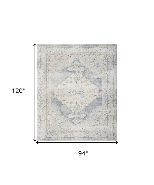 8' X 10' Light Blue Oriental Power Loom Distressed Washable Area Rug