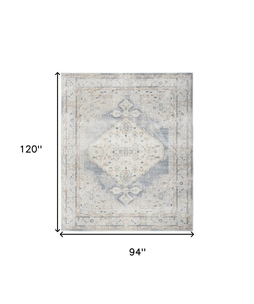 8' X 10' Light Blue Oriental Power Loom Distressed Washable Area Rug