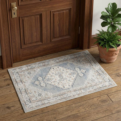 3' X 5' Light Blue Oriental Power Loom Distressed Washable Area Rug
