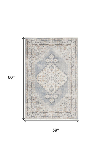 3' X 5' Light Blue Oriental Power Loom Distressed Washable Area Rug