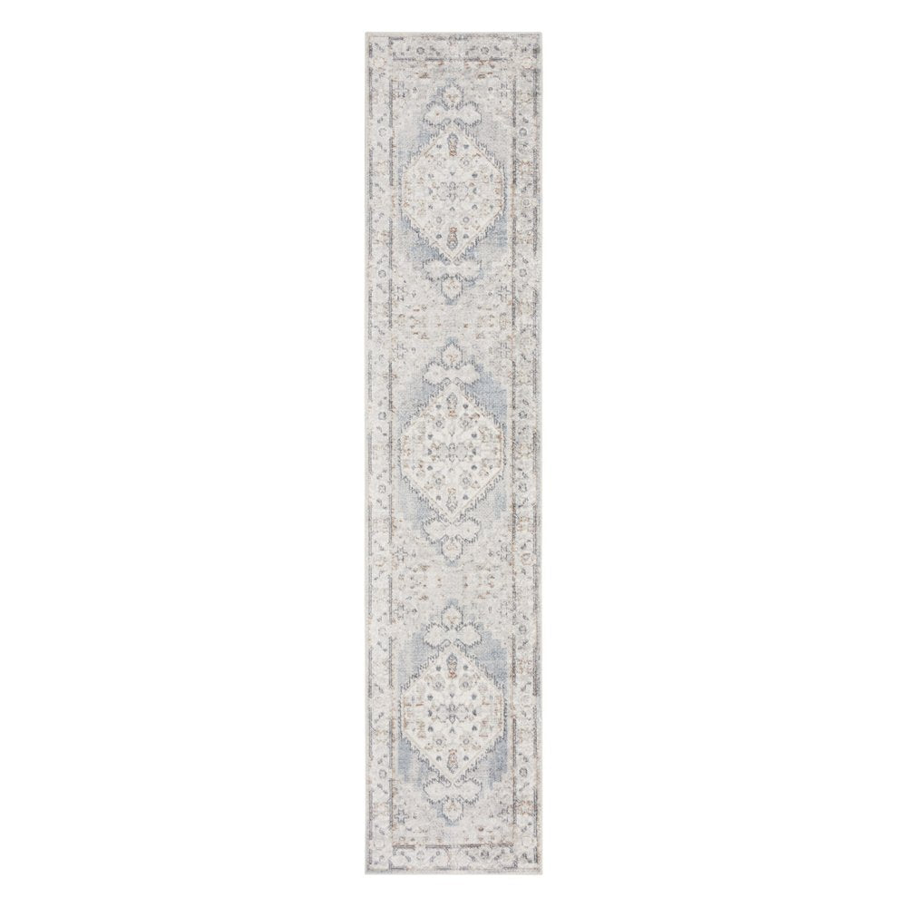 8' Light Blue Oriental Power Loom Distressed Washable Runner Rug