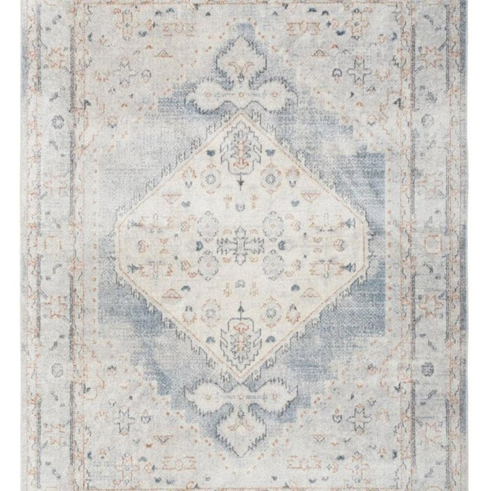 8' Light Blue Oriental Power Loom Distressed Washable Runner Rug