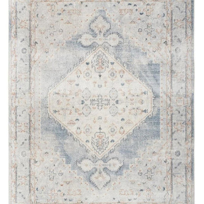 8' Light Blue Oriental Power Loom Distressed Washable Runner Rug
