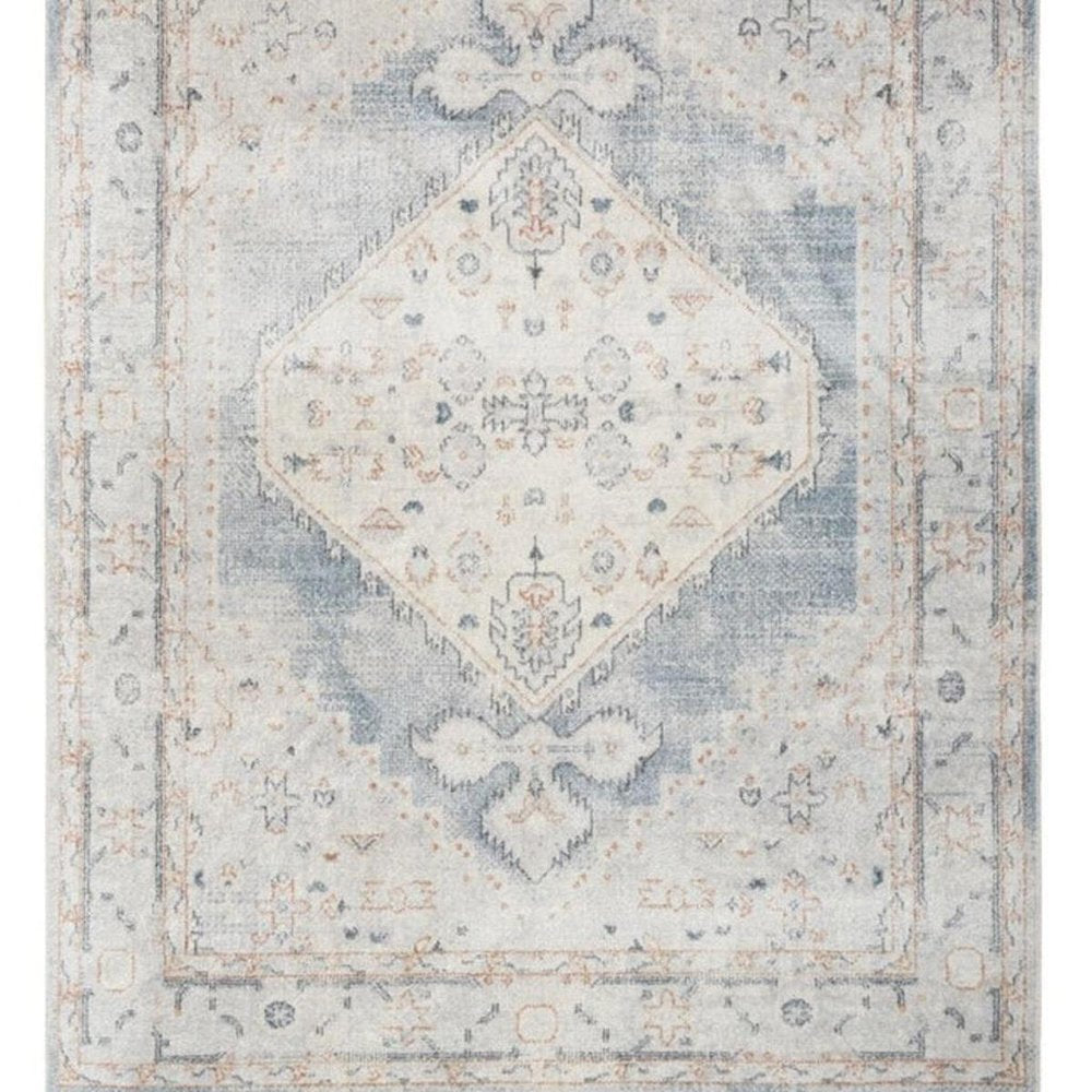8' Light Blue Oriental Power Loom Distressed Washable Runner Rug
