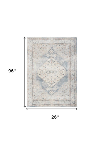 8' Light Blue Oriental Power Loom Distressed Washable Runner Rug