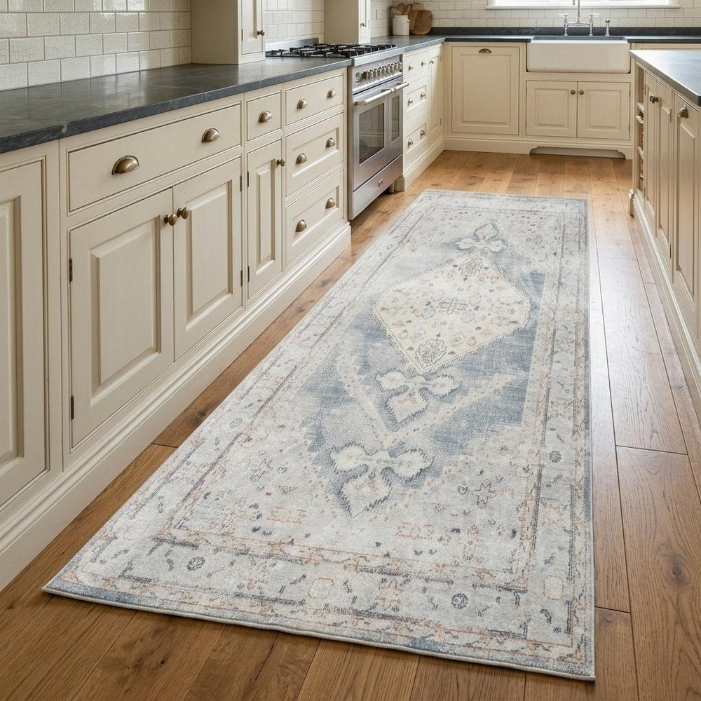 8' Light Blue Oriental Power Loom Distressed Washable Runner Rug
