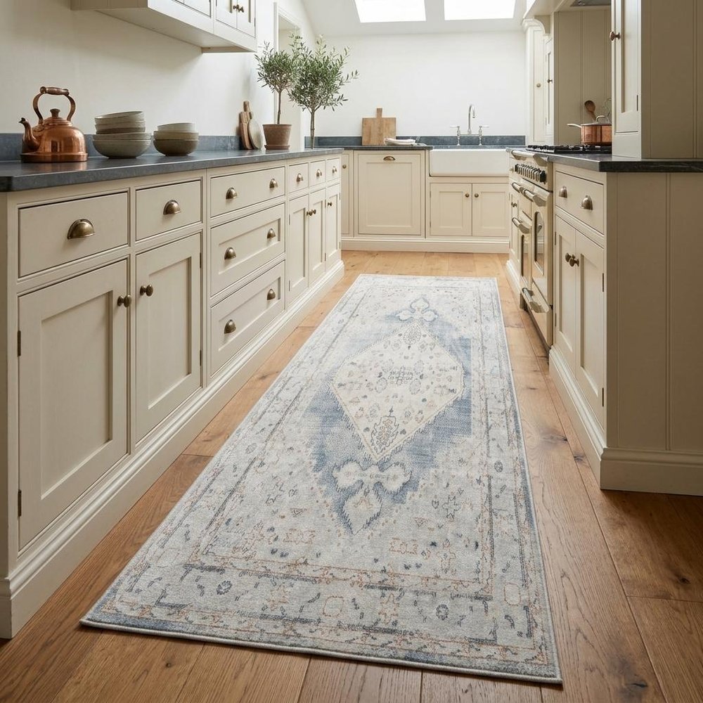 8' Light Blue Oriental Power Loom Distressed Washable Runner Rug