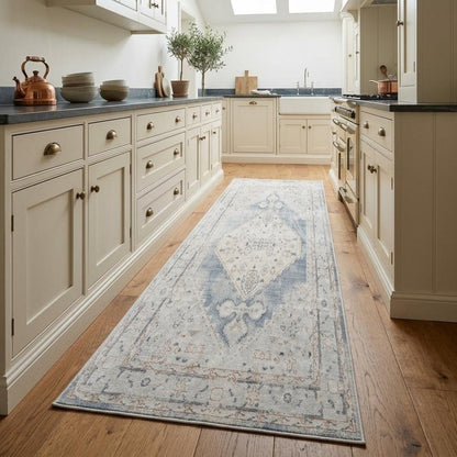 8' Light Blue Oriental Power Loom Distressed Washable Runner Rug