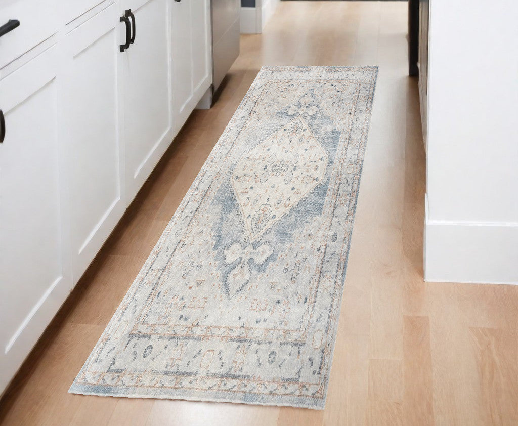 8' Light Blue Oriental Power Loom Distressed Washable Runner Rug