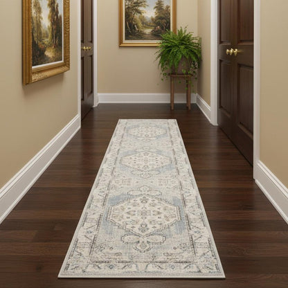 12' Light Blue Oriental Power Loom Distressed Washable Runner Rug
