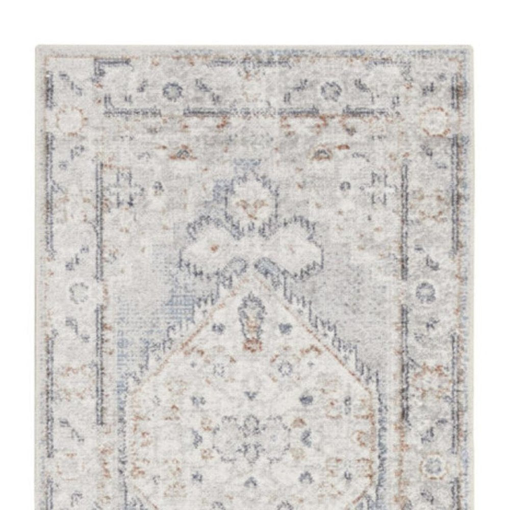 12' Light Blue Oriental Power Loom Distressed Washable Runner Rug