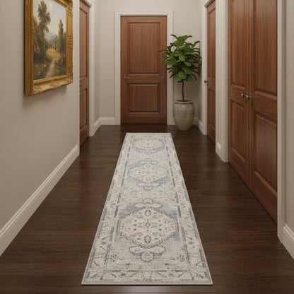 10' Light Blue Oriental Power Loom Distressed Washable Runner Rug