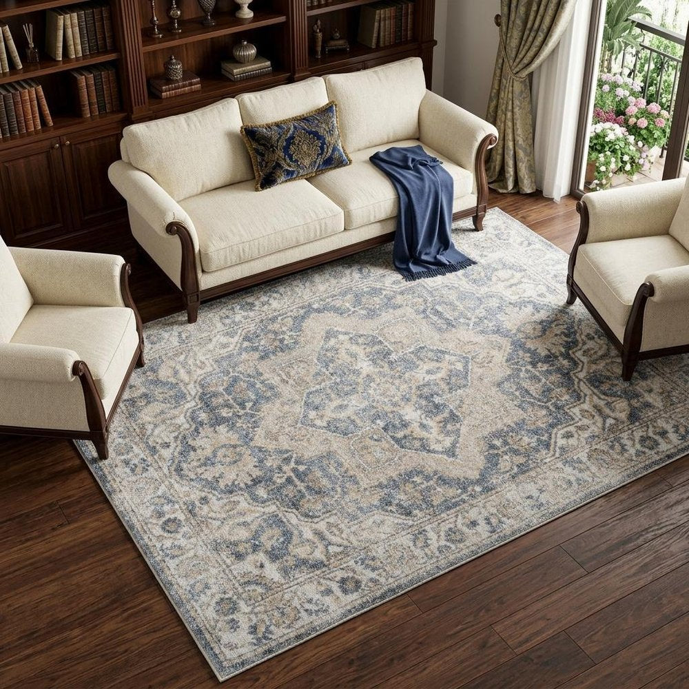 8' X 10' Gray and Blue Oriental Power Loom Washable Area Rug