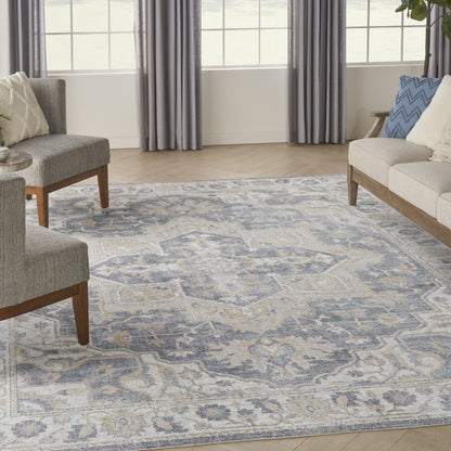 8' X 10' Gray and Blue Oriental Power Loom Washable Area Rug