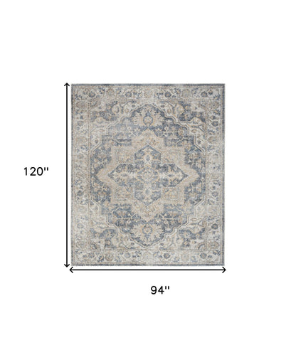 8' X 10' Gray and Blue Oriental Power Loom Washable Area Rug