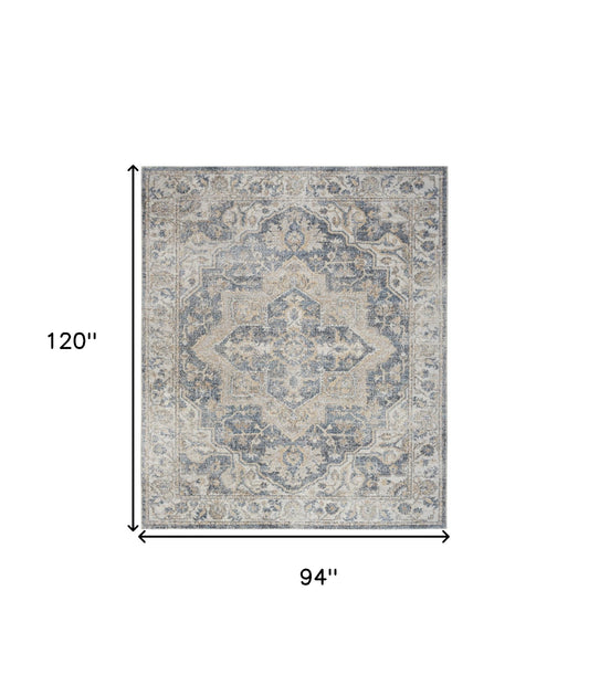 8' X 10' Gray and Blue Oriental Power Loom Washable Area Rug