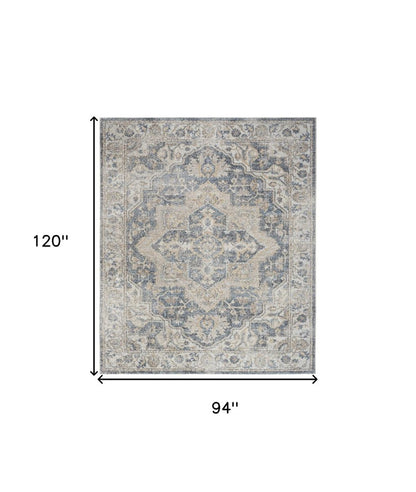 8' X 10' Gray and Blue Oriental Power Loom Washable Area Rug