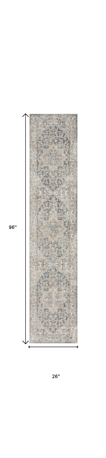 8' Gray Oriental Power Loom Washable Runner Rug