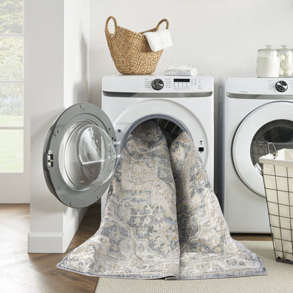 8' Gray Oriental Power Loom Washable Runner Rug