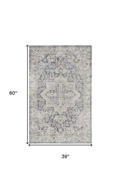 3' X 5' Gray Oriental Power Loom Washable Area Rug