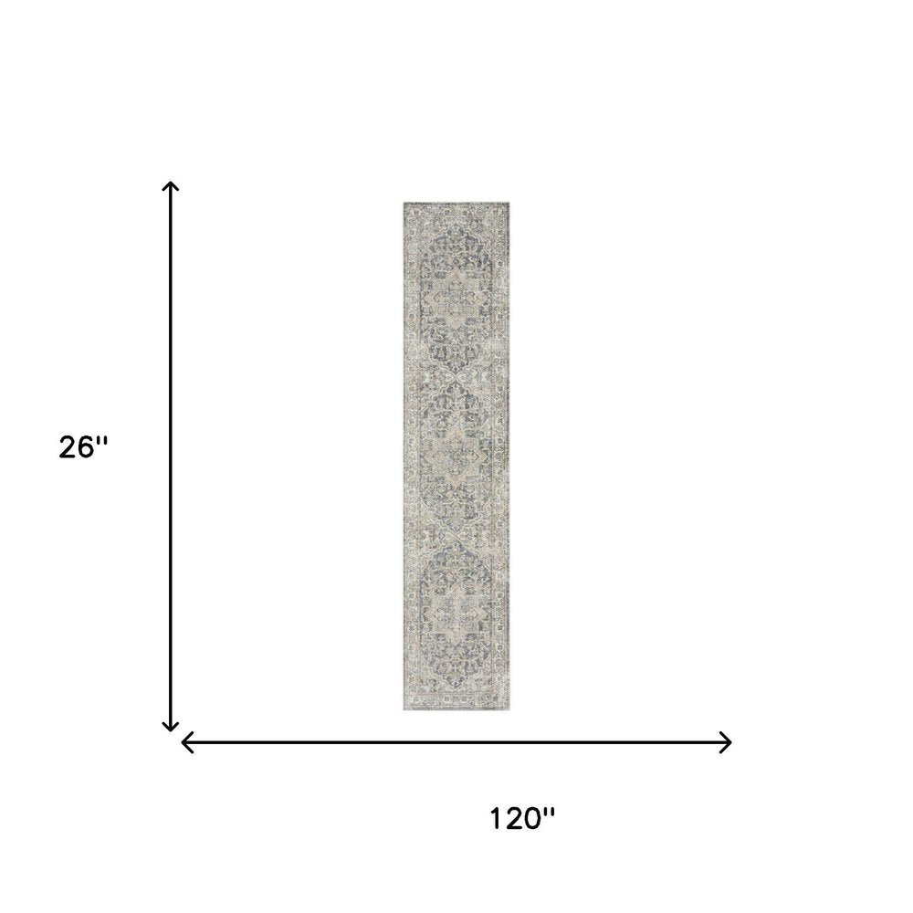 10' Gray Oriental Power Loom Washable Runner Rug