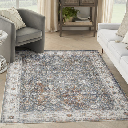 5' X 7' Silver Oriental Power Loom Washable Area Rug