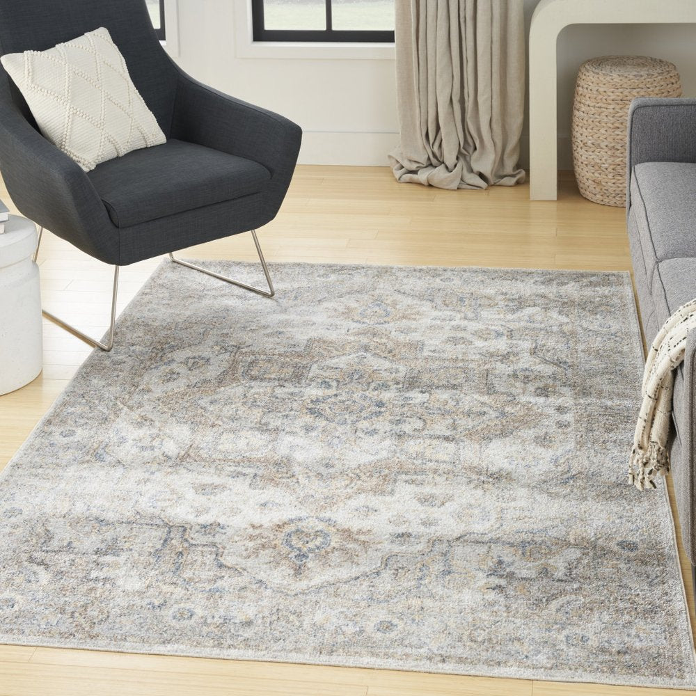 5' X 7' Silver Oriental Power Loom Washable Area Rug