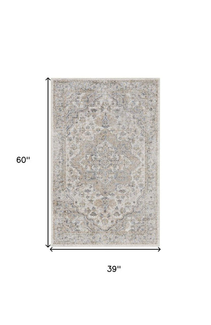 3' X 5' Silver Oriental Power Loom Washable Area Rug