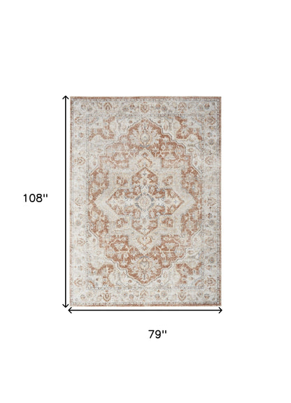 7' X 9' Gold Oriental Power Loom Washable Area Rug