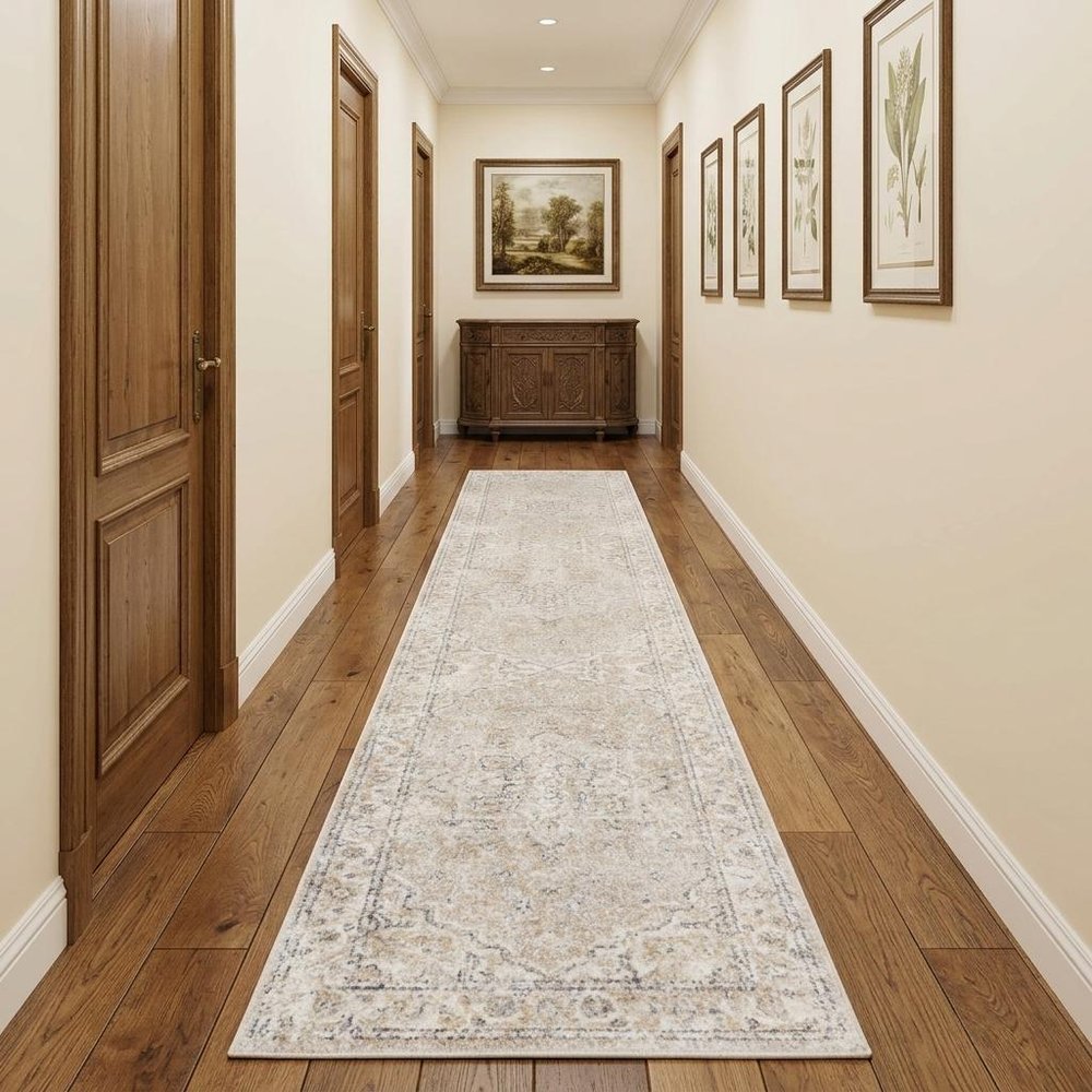10' Beige Oriental Power Loom Washable Runner Rug