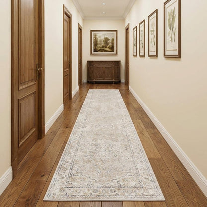 10' Beige Oriental Power Loom Washable Runner Rug